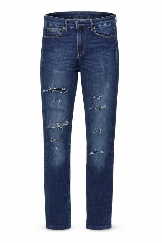 Front view of women’s blue straight jeans, size UK 28, 32-inch leg