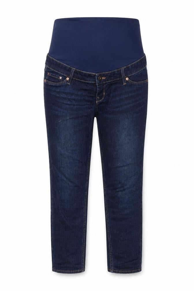 Front view of H&M women’s blue straight jeans, size UK 12, 29-inch leg