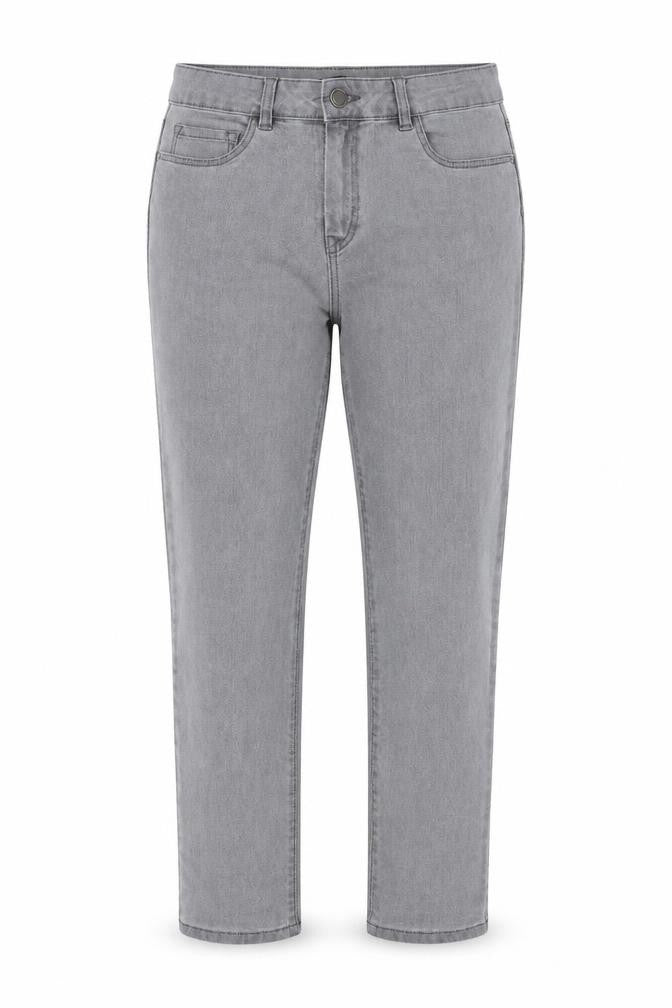 Front view of women’s grey straight jeans, size UK 12, 28-inch leg