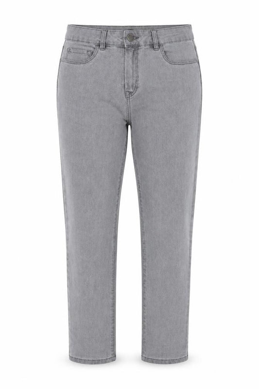 Front view of women’s grey straight jeans, size UK 12, 28-inch leg