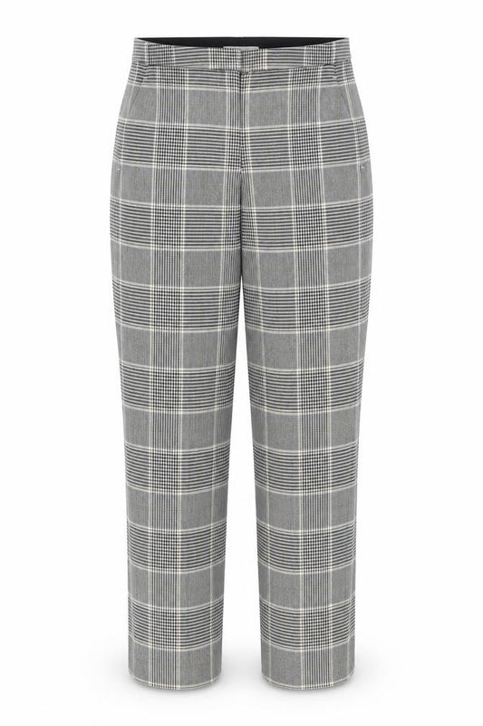 Front view of H&M women’s grey plaid trousers, size UK 8, 25-inch leg