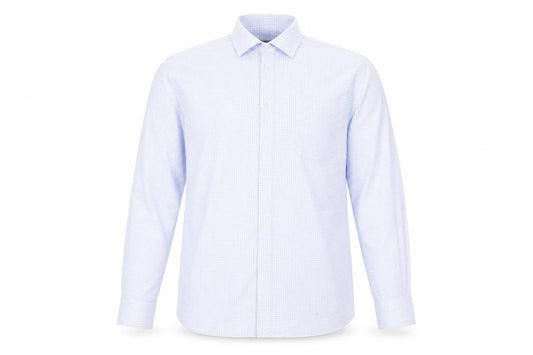 Front view of Tu men’s blue check button-up, size 17