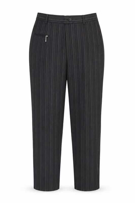 Front view of Best Basics women’s black striped trousers, size UK 14, 29-inch leg