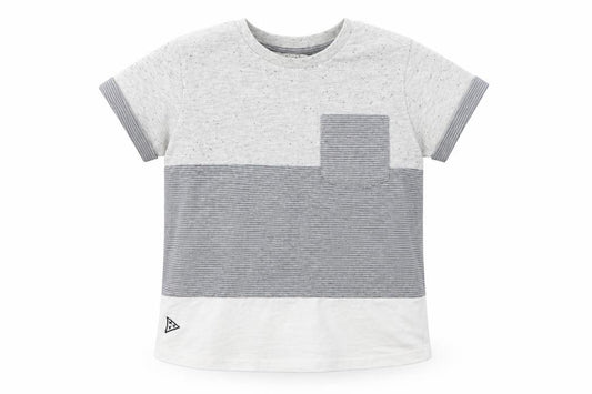 Front view of Next boys’ grey striped basic t-shirt, size 4, years