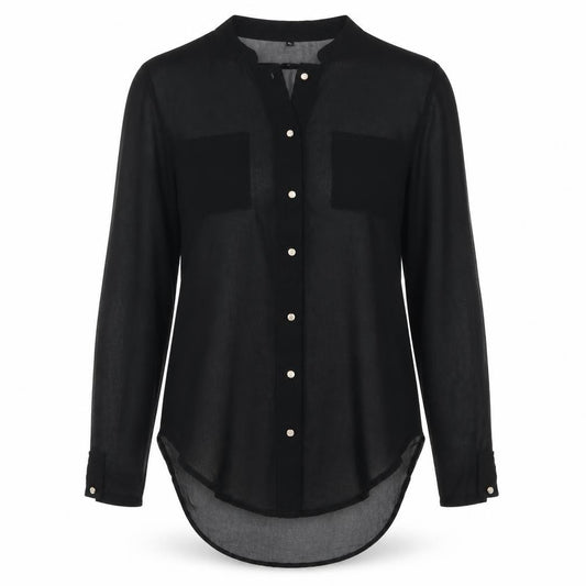 Front view of Preworn women’s black basic button-up, size S