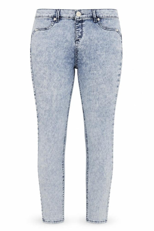 Front view of women’s blue denim skinny jeans, size UK 30, in, 25-inch leg