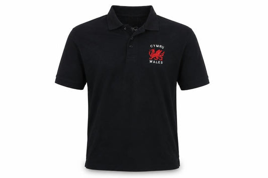 Front view of Manav men’s black polo, size M, - wales