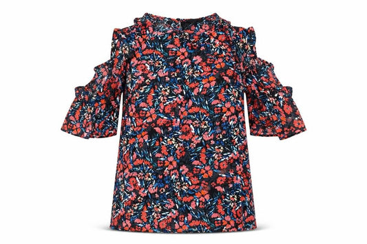 Front view of F&F women’s multicoloured floral basic blouse, size UK 8, - cold shoudler