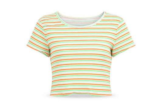 Front view of SHEIN women’s green striped basic t-shirt, size L