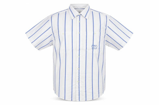 Front view of Wide Boy men’s white striped button-up, size M