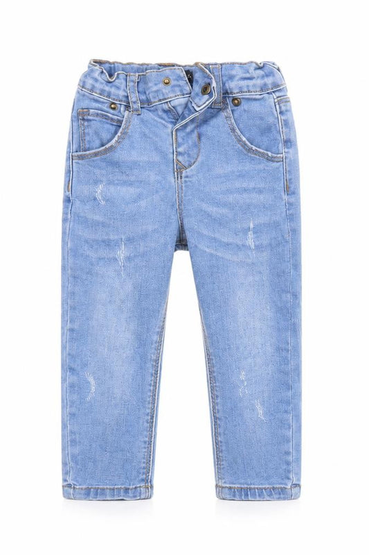 Front view of Denim & Co. boys’ blue denim cargo jeans, size 12-18, months