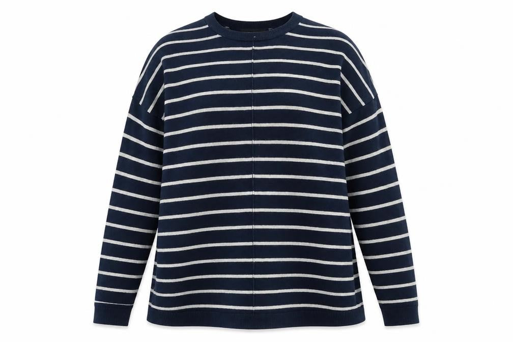 Front view of Atmosphere women’s blue striped jumper, size UK 8
