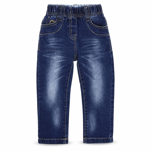 Front view of kidtizen girls’ blue denim straight jeans, size 4, years - heart pockets