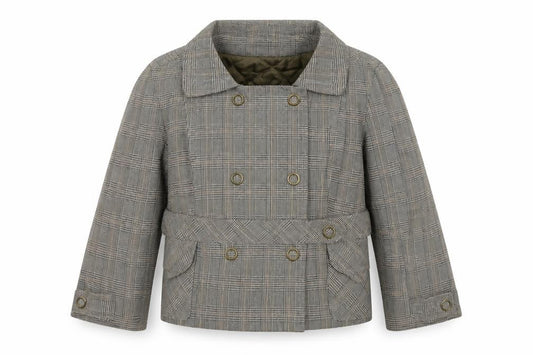 Front view of Moto women’s grey check knit jacket, size UK 10