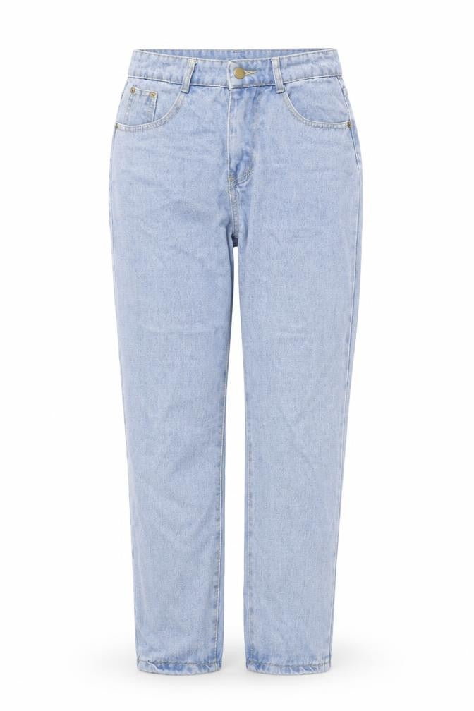Front view of women’s blue straight jeans, size S, 25-inch leg