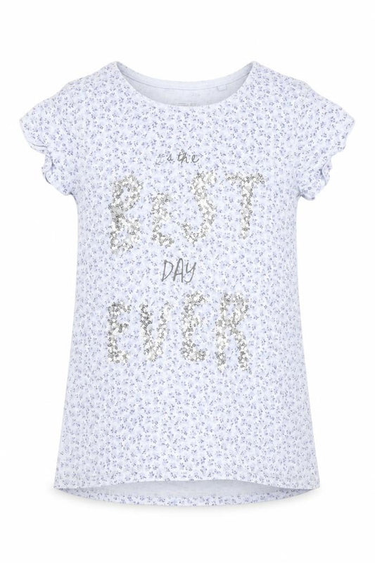 Front view of Next girls’ blue floral basic t-shirt, size 9, years
