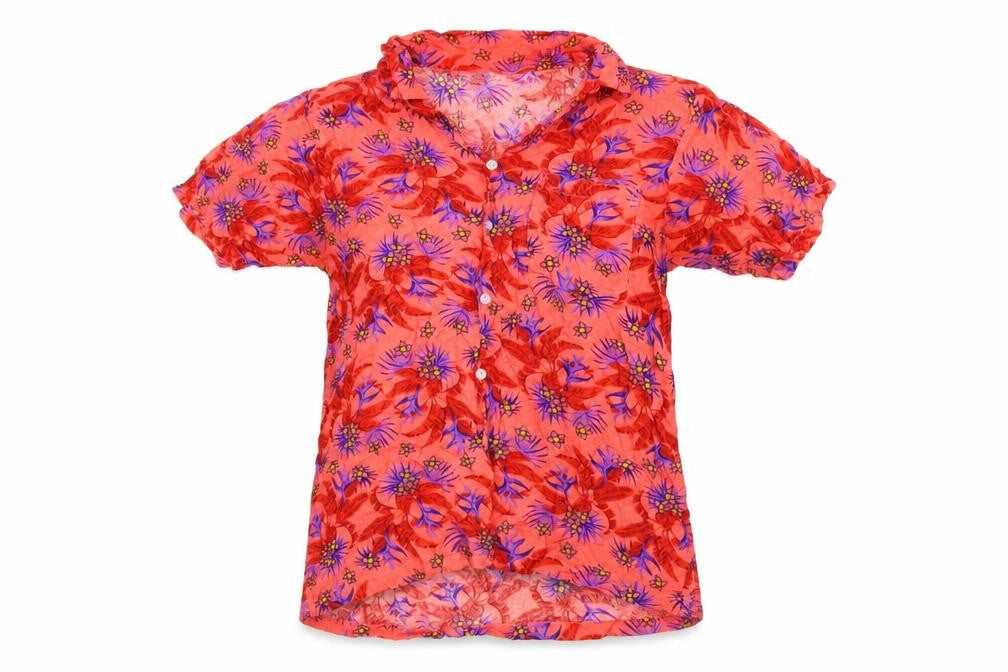 Front view of assign women’s red floral basic button-up, size L