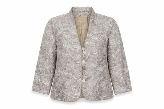 Front view of Country Casuals women’s beige floral jacket suit jacket, size UK 12