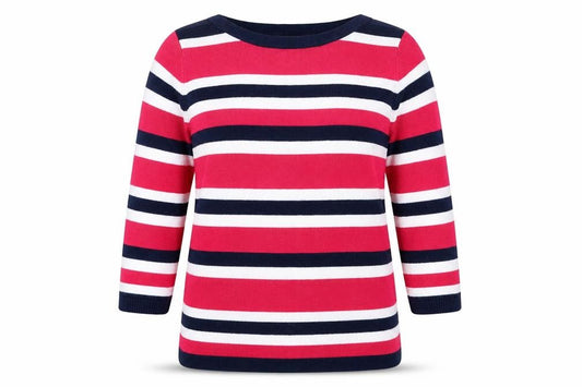 Front view of Papaya women’s pink striped jumper, size UK 12