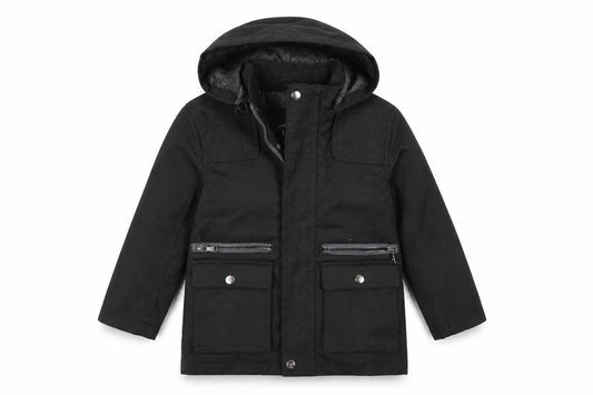 Front view of Preworn boys’ black jacket coat, size 3, years