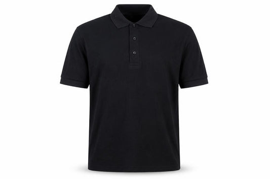 Front view of Banner men’s black polo, size S