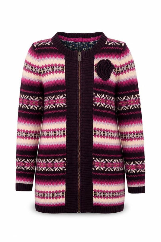 Front view of Maggie & Zoe girls’ pink fair isle knit overcoat coatigan, size 7, years