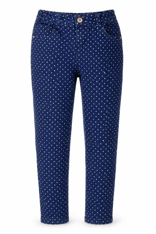 Front view of Denim CO girls’ blue polka dot skinny jeans, size 10-11, years