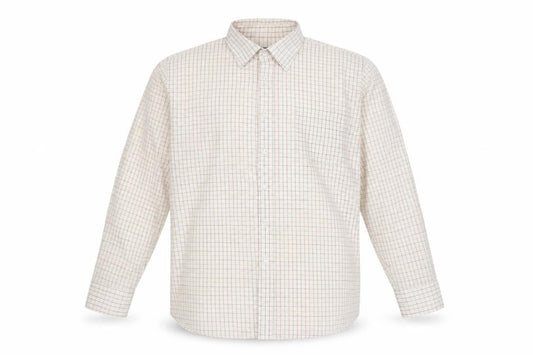 Front view of Ex Club men’s ivory check button-up, size L