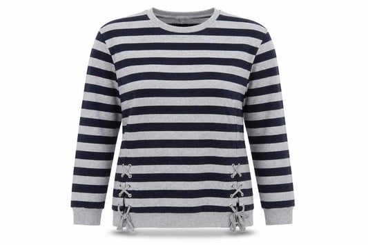 Front view of Peacocks women’s blue striped pullover sweatshirt, size UK 12