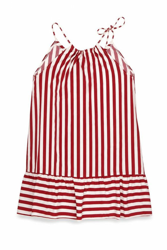 Front view of women’s red striped trapeze & swing, size S