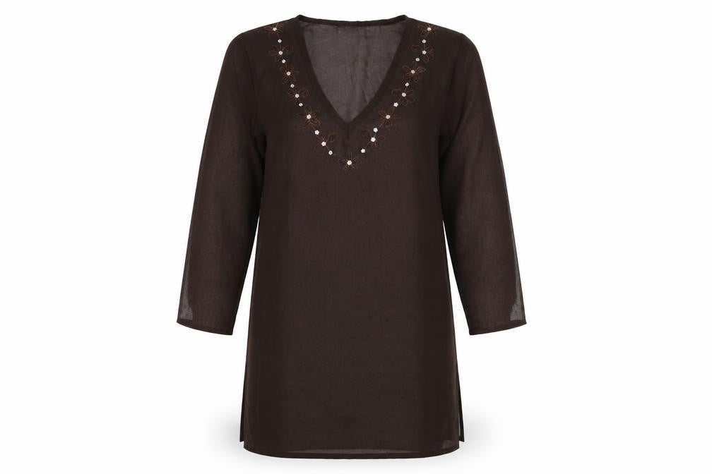 Front view of long beach women’s brown shift, size M, - sheer beach cover up