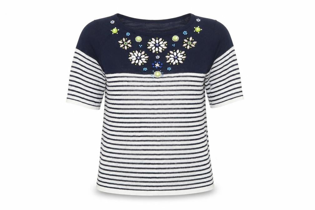 Monsoon Womens Blue Striped  Pullover Jumper Size 8  - floral beading detail