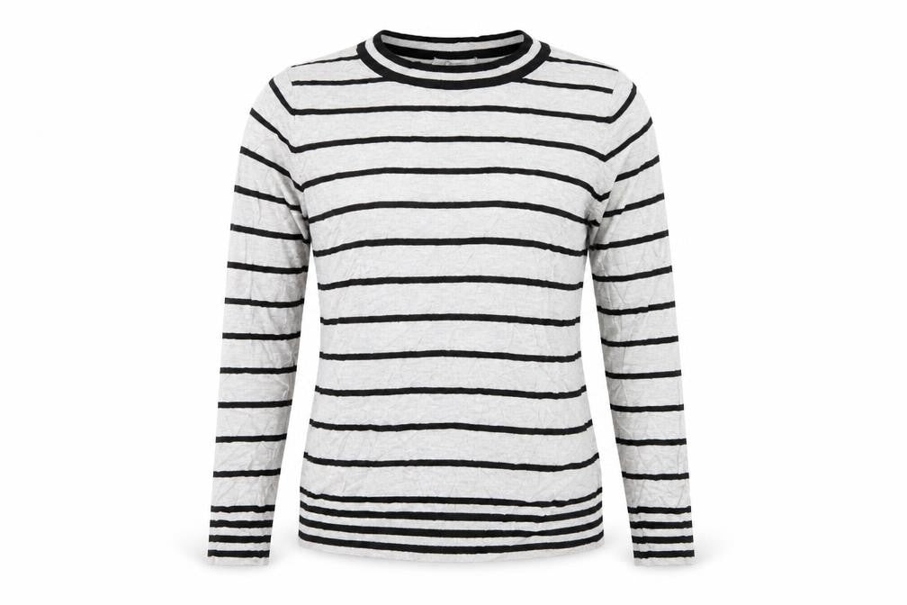 Front view of Dixie women’s grey striped knit jumper, size S