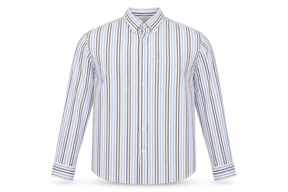Front view of Cotton Traders men’s blue check button-up, size L