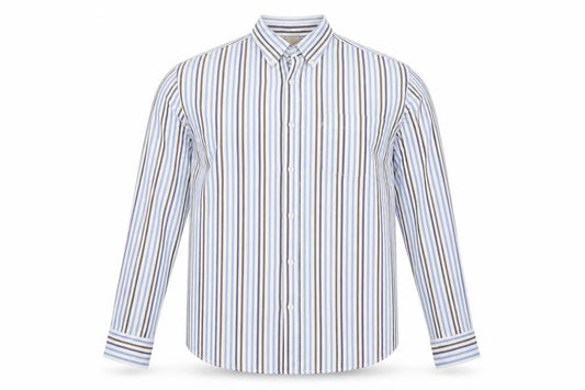 Front view of Cotton Traders men’s blue check button-up, size L