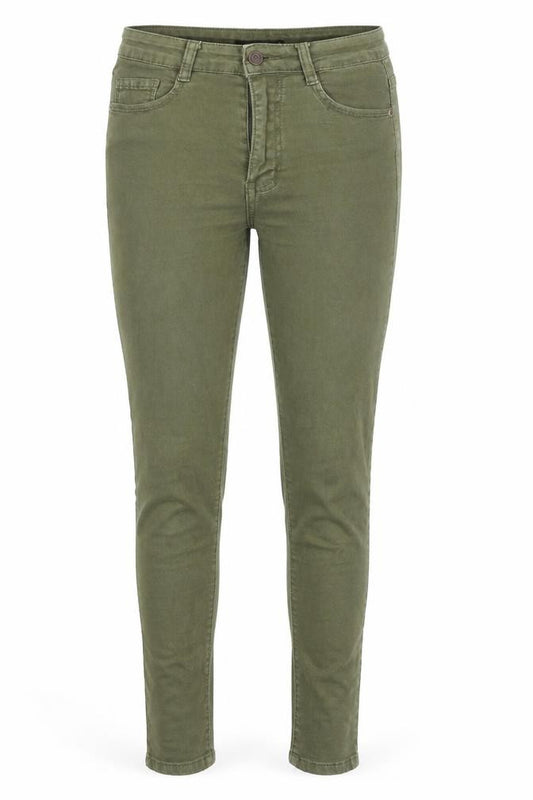 Front view of MOMOKROM women’s green skinny jeans, size UK 6, 24-inch leg