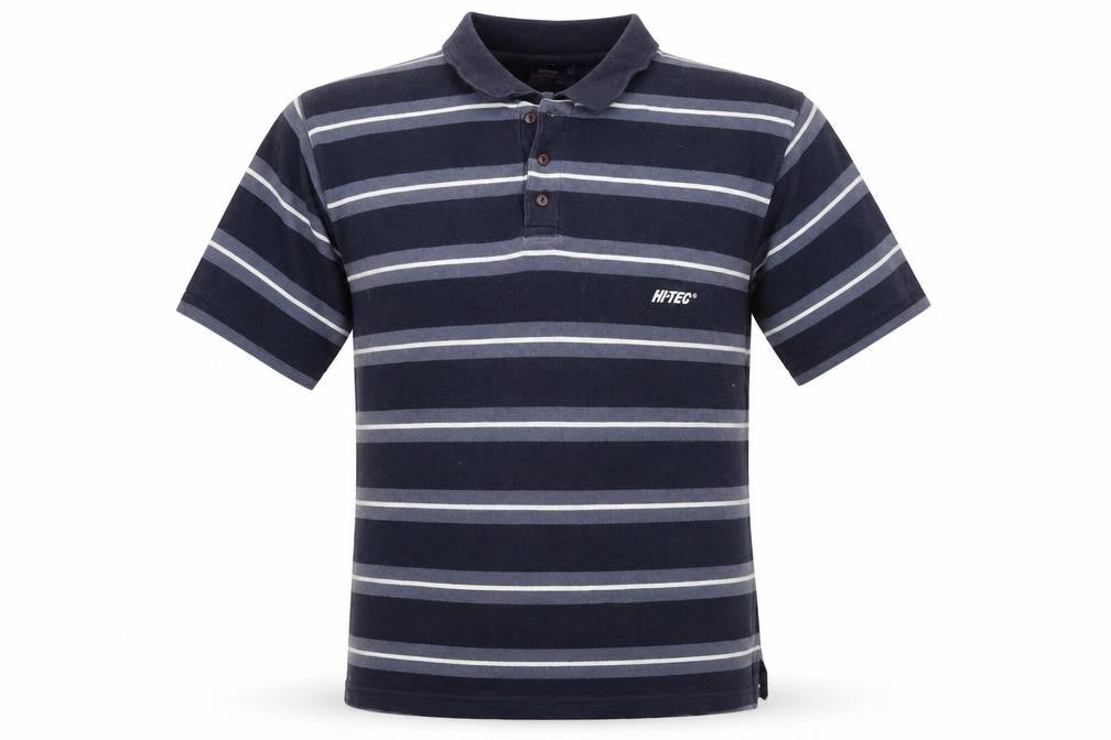 Front view of Hi-Tec men’s blue striped polo, size M