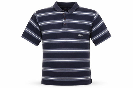 Front view of Hi-Tec men’s blue striped polo, size M