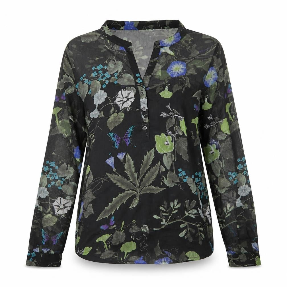 Front view of Niza women’s black floral chiffon basic blouse, size UK 10