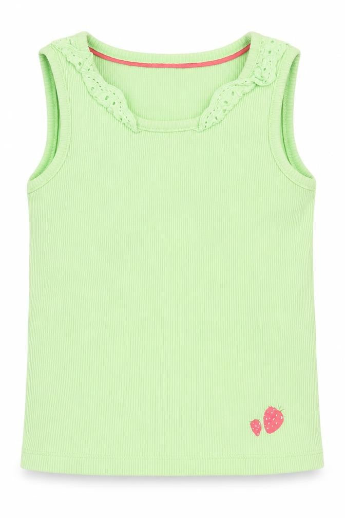 Front view of Mothercare girls’ green basic tank, size 2-3, years