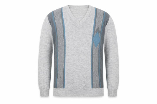 Front view of Greenwoods men’s grey striped jumper, size L