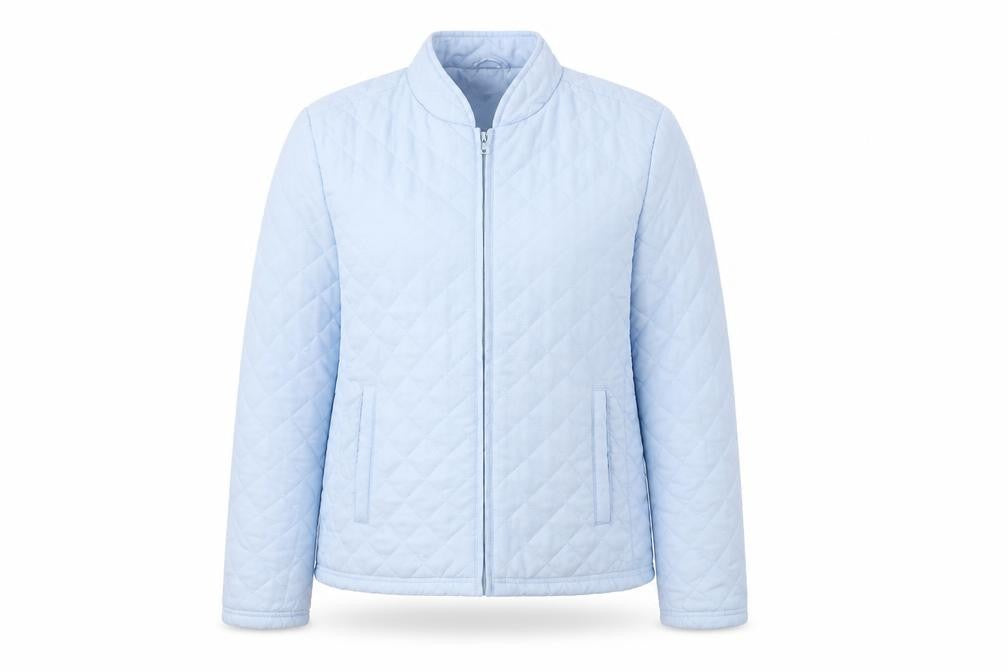 Front view of Damart women’s blue quilted coat, size UK 14