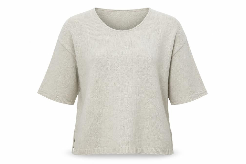 Front view of sharman women’s beige knit jumper, size UK 6