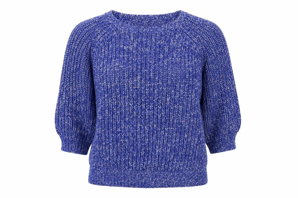 Front view of Marks & Spencer women’s blue knit jumper, size UK 14