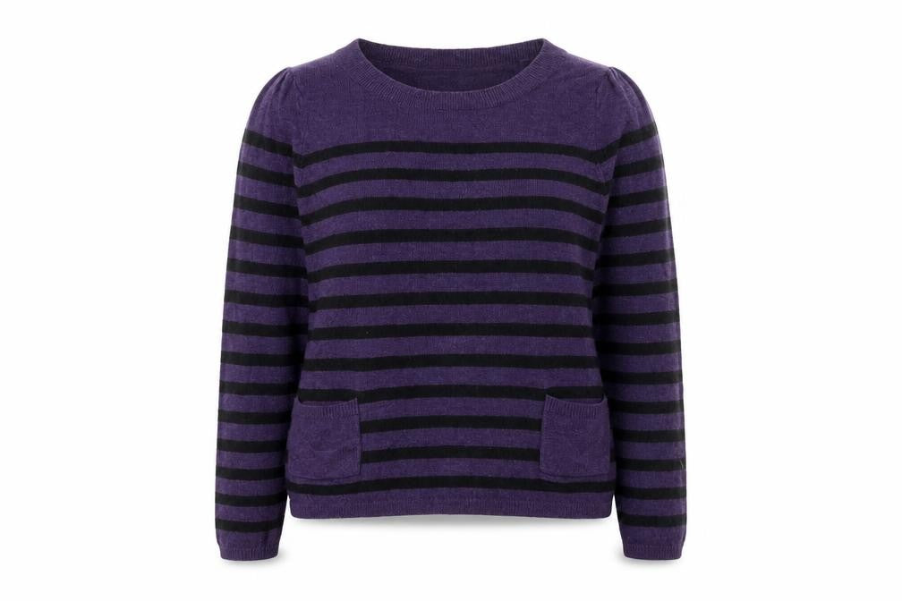Front view of Tu women’s purple striped jumper, size UK 10