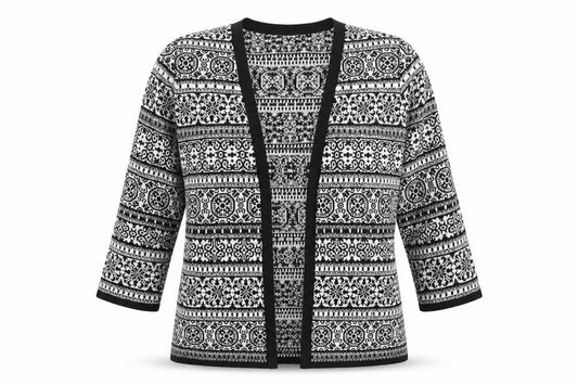 Front view of F&F women’s black geometric cardigan jumper, size UK 8