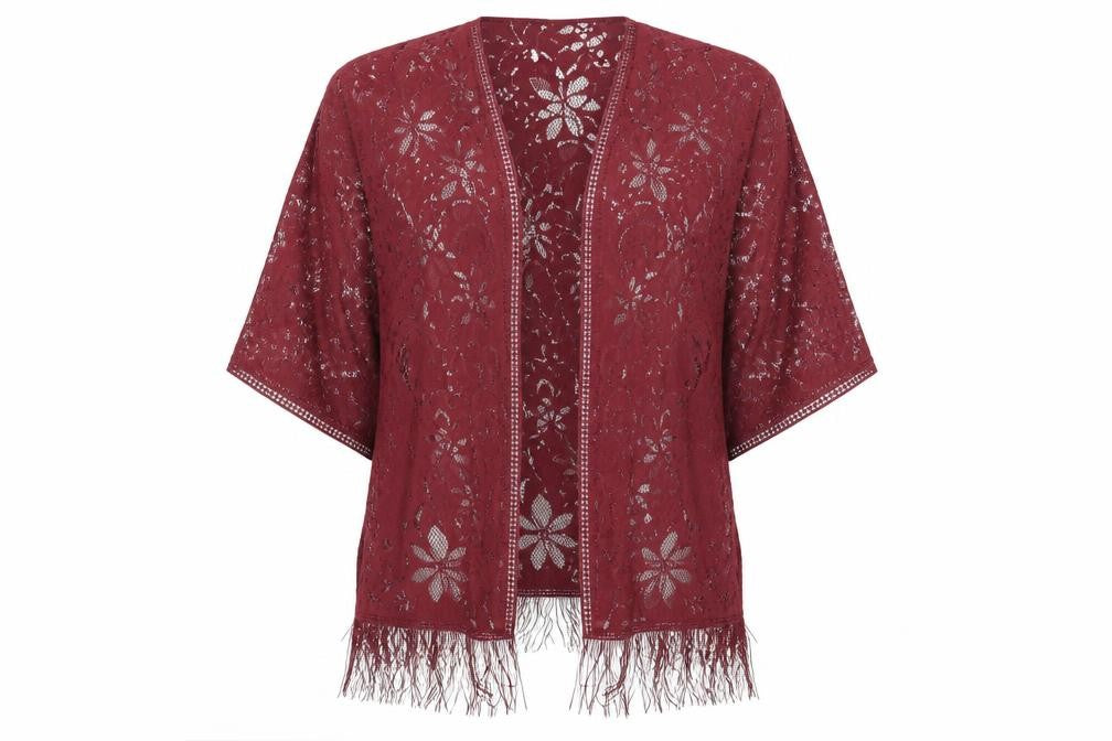 Front view of Atmosphere women’s red lace kimono blouse, size M