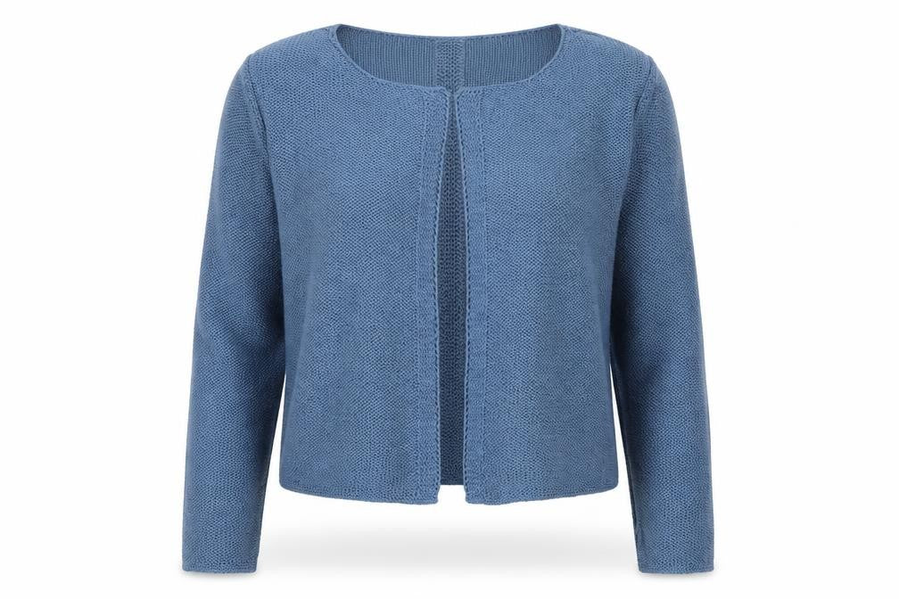Front view of Le Comte women’s blue cardigan jumper, size UK 10