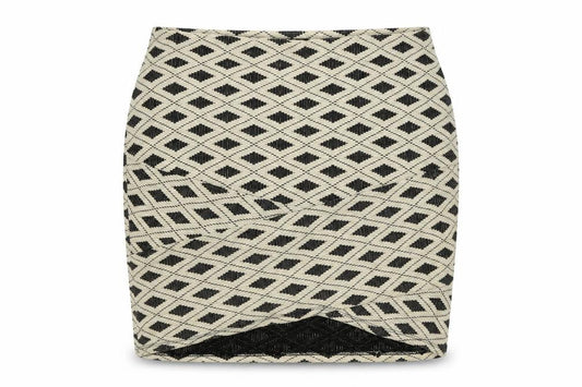 Front view of Preworn women’s beige geometric bandage skirt, size M