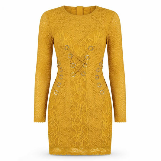 Front view of ASOS women’s yellow floral lace bodycon, size UK 8